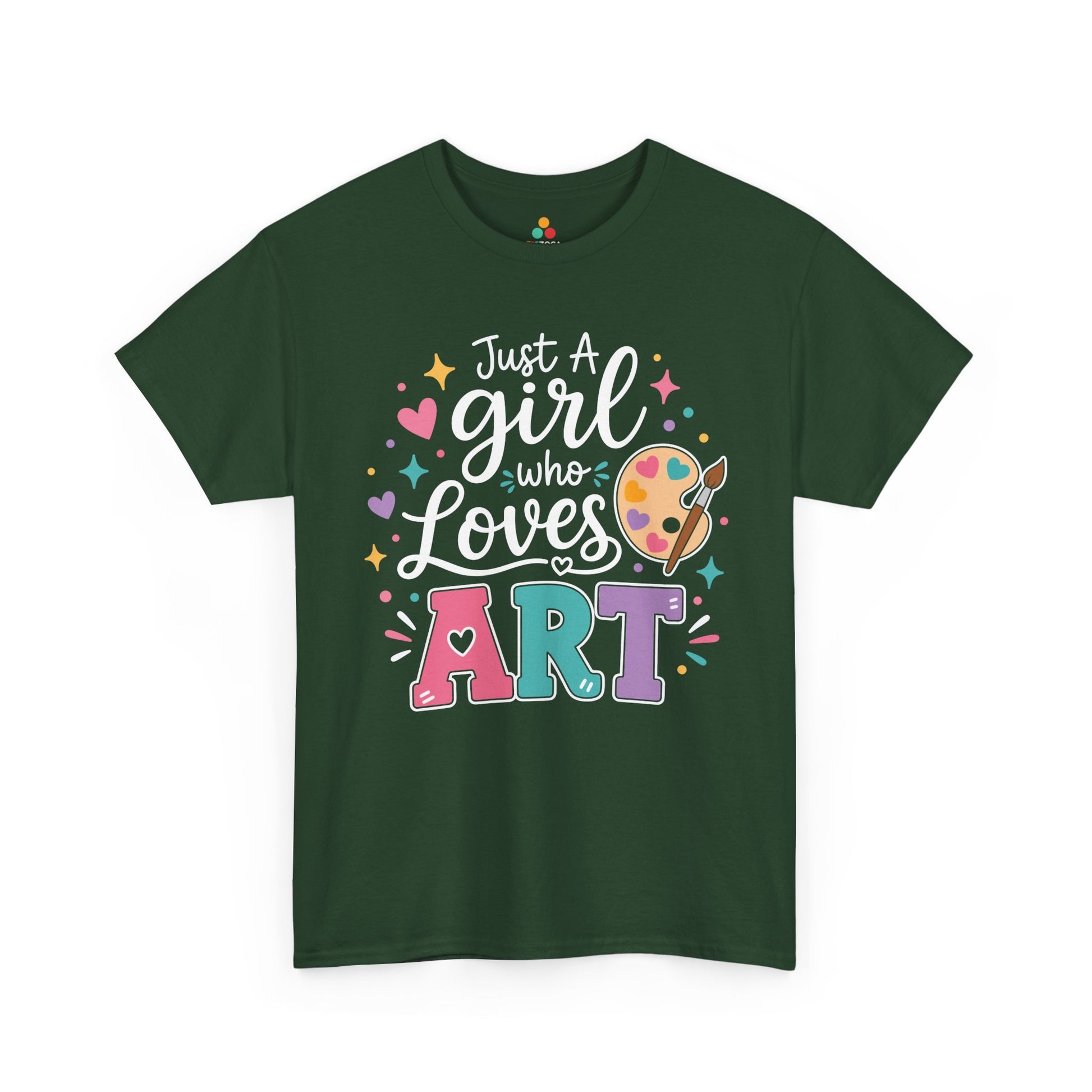 Forest green TEEZOCA Just a Girl Who Loves Art shirt, the kind of art teacher tee found on Amazon and Etsy for back to school.
