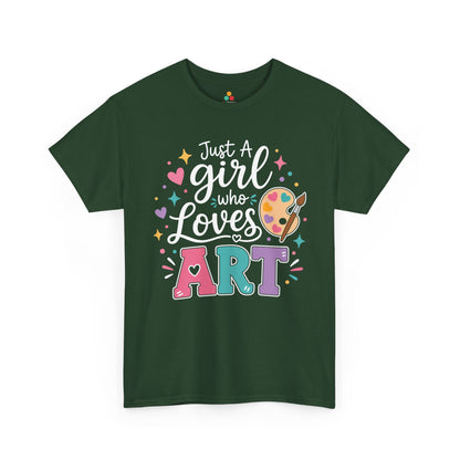 Forest green TEEZOCA Just a Girl Who Loves Art shirt, the kind of art teacher tee found on Amazon and Etsy for back to school.
