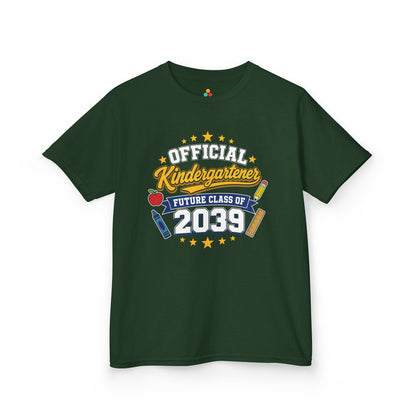 Forest green TEEZOCA Official Kindergartener Future Class of 2039 kids shirt, the kind of keepsake tee parents find on Amazon and Etsy.

