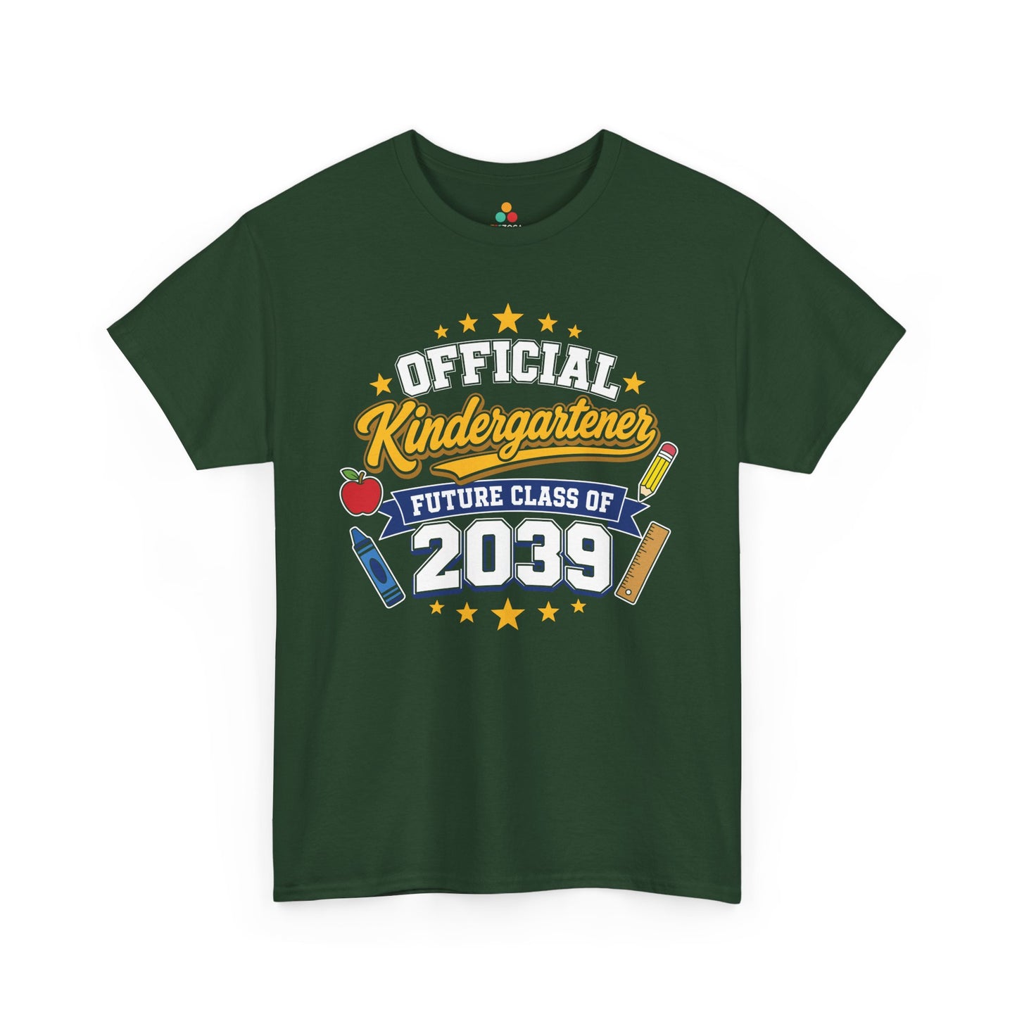 Forest green TEEZOCA Official Kindergartener Future Class of 2039 shirt, the kind of keepsake tee found on Amazon and Etsy for back to school.
