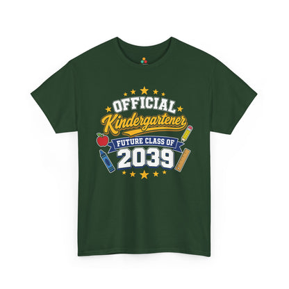 Forest green TEEZOCA Official Kindergartener Future Class of 2039 shirt, the kind of keepsake tee found on Amazon and Etsy for back to school.
