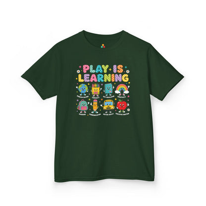Forest green TEEZOCA Play Is Learning kids shirt, the kind of back to school tee parents find on Amazon and Etsy.
