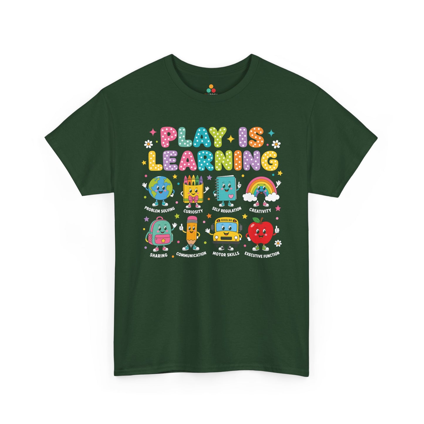 Forest green TEEZOCA Play Is Learning shirt, the kind of teacher tee found on Amazon and Etsy for back to school.
