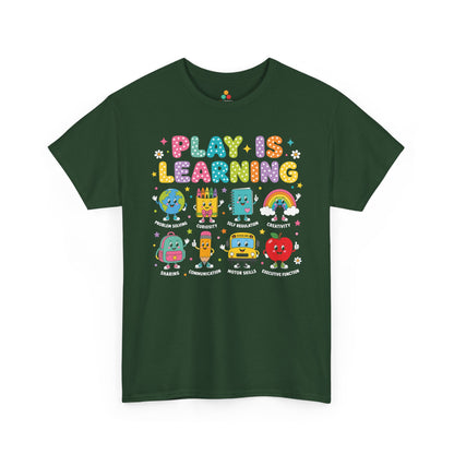 Forest green TEEZOCA Play Is Learning shirt, the kind of teacher tee found on Amazon and Etsy for back to school.
