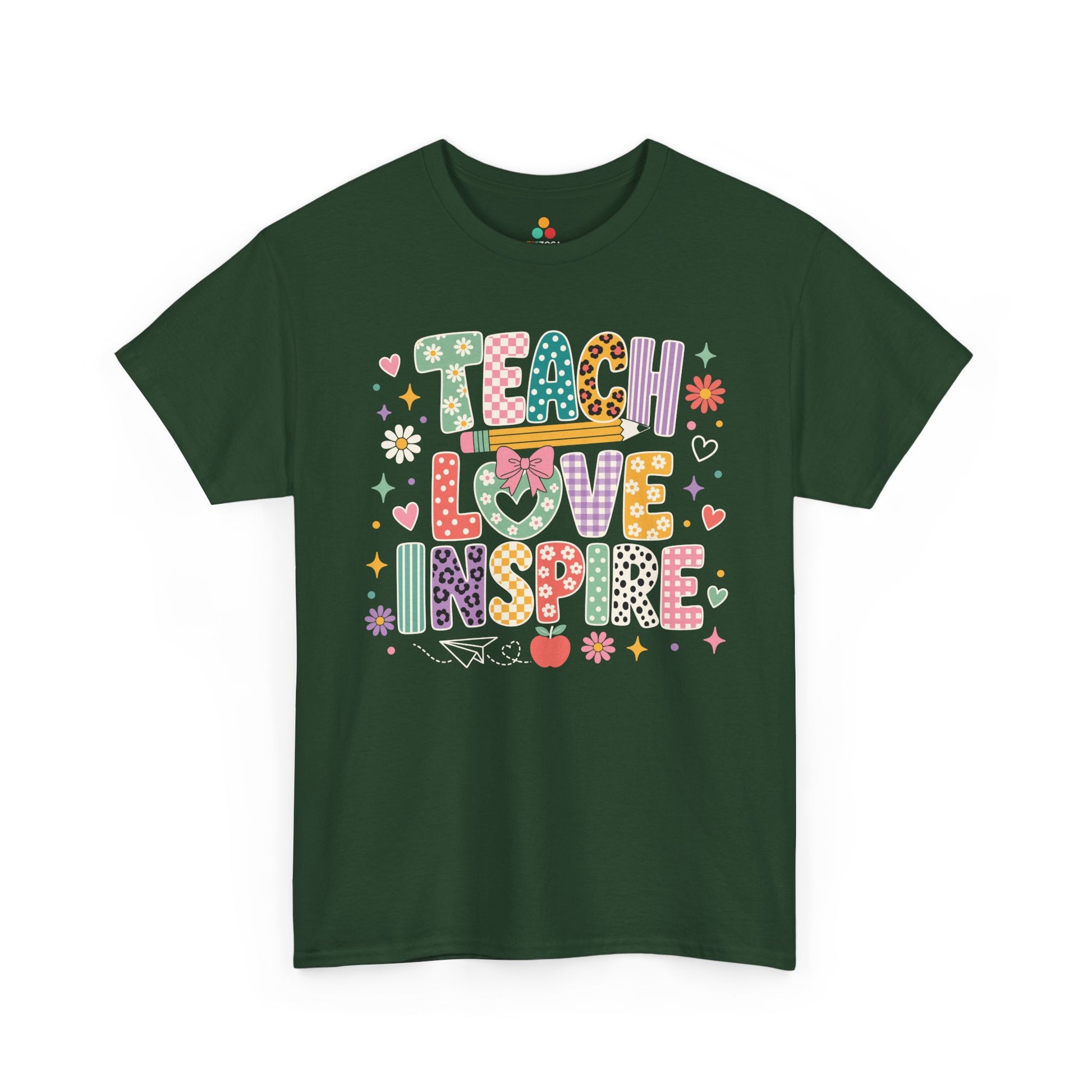 Forest green TEEZOCA Teach Love Inspire shirt, the kind of teacher tee found on Amazon and Etsy for back to school.
