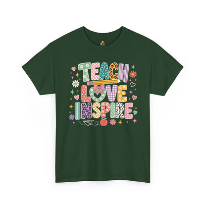 Forest green TEEZOCA Teach Love Inspire shirt, the kind of teacher tee found on Amazon and Etsy for back to school.
