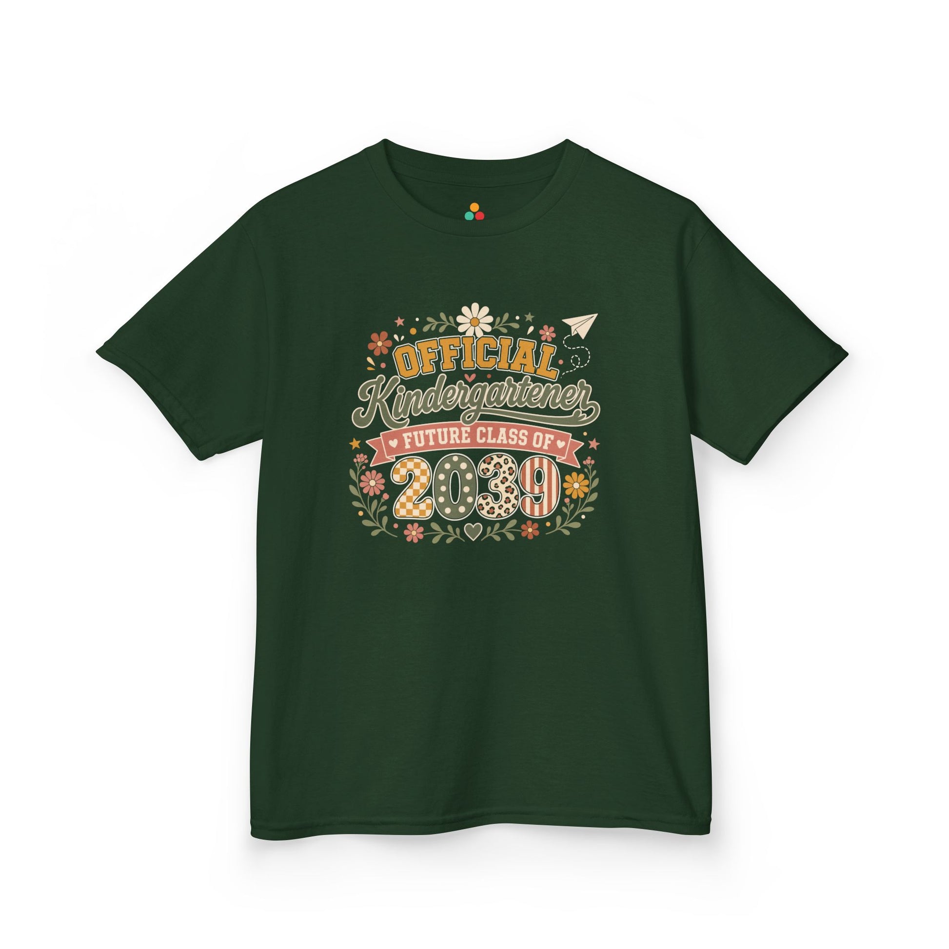 Forest green TEEZOCA boho Official Kindergartener Future Class of 2039 kids shirt, the kind of keepsake tee parents find on Amazon and Etsy.
