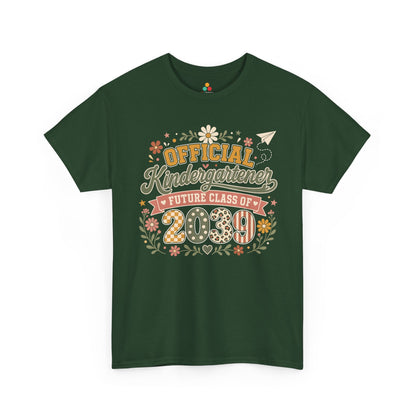 Forest green TEEZOCA boho Official Kindergartener Future Class of 2039 shirt, the kind of keepsake tee found on Amazon and Etsy for back to school.
