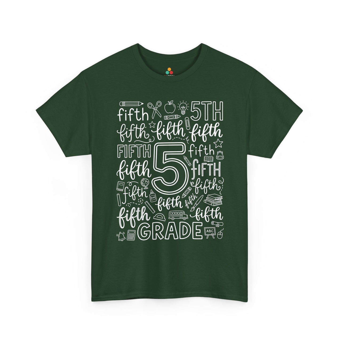 Forest green TEEZOCA fifth grade teacher shirt in bold typography, the kind of teacher tee found on Amazon and Etsy for back to school.
