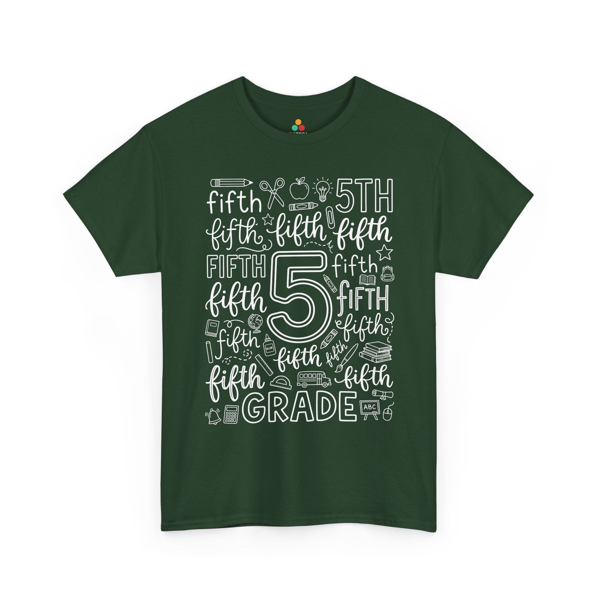 Forest green TEEZOCA fifth grade teacher shirt in bold typography, the kind of teacher tee found on Amazon and Etsy for back to school.

