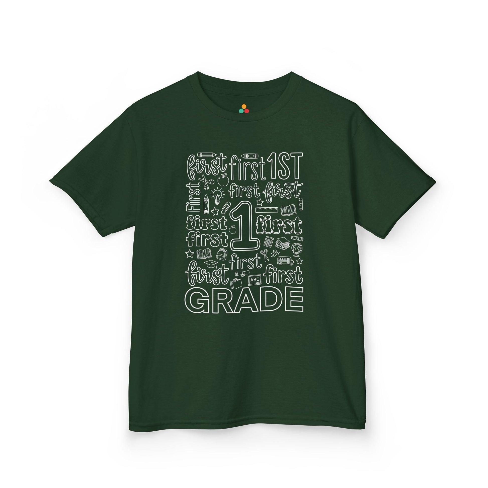 Forest green TEEZOCA first grade kids shirt, the kind of typography back to school tee parents find on Amazon and Etsy.

