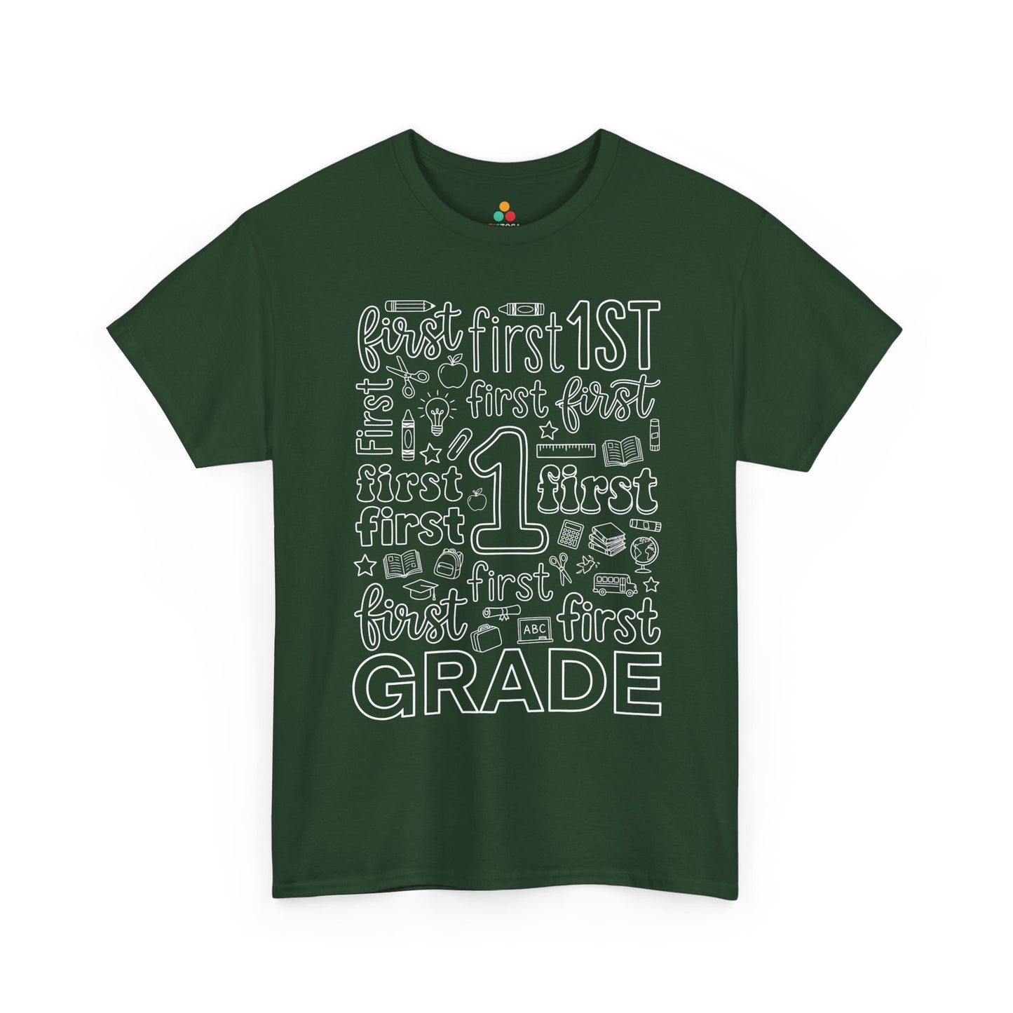 Forest green TEEZOCA first grade teacher shirt in bold typography, the kind of teacher tee found on Amazon and Etsy for back to school.
