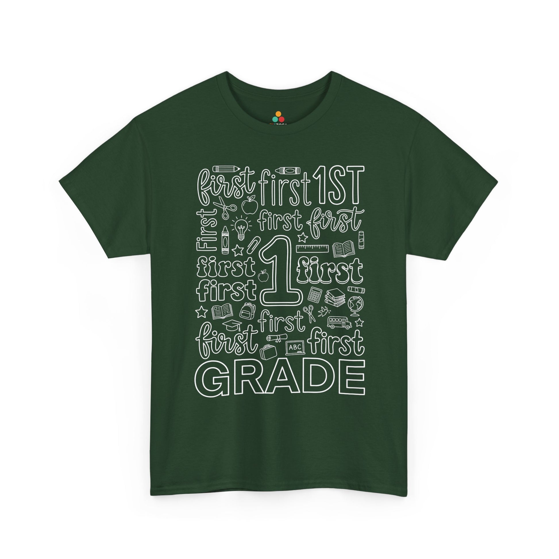 Forest green TEEZOCA first grade teacher shirt in bold typography, the kind of teacher tee found on Amazon and Etsy for back to school.
