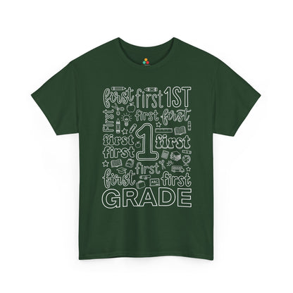 Forest green TEEZOCA first grade teacher shirt in bold typography, the kind of teacher tee found on Amazon and Etsy for back to school.
