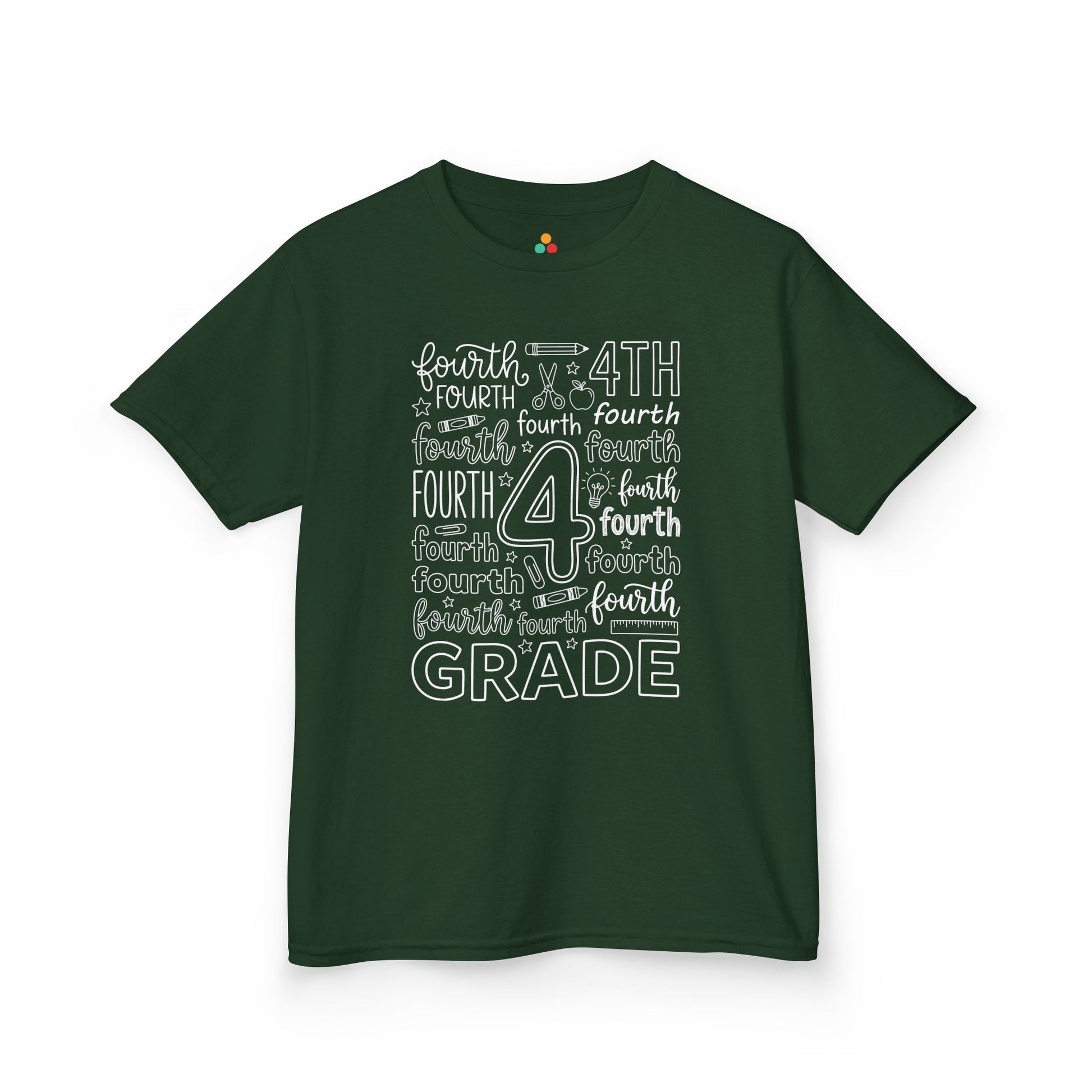 Forest green TEEZOCA fourth grade kids shirt, the kind of typography back to school tee parents find on Amazon and Etsy.
