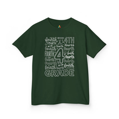 Forest green TEEZOCA fourth grade kids shirt, the kind of typography back to school tee parents find on Amazon and Etsy.
