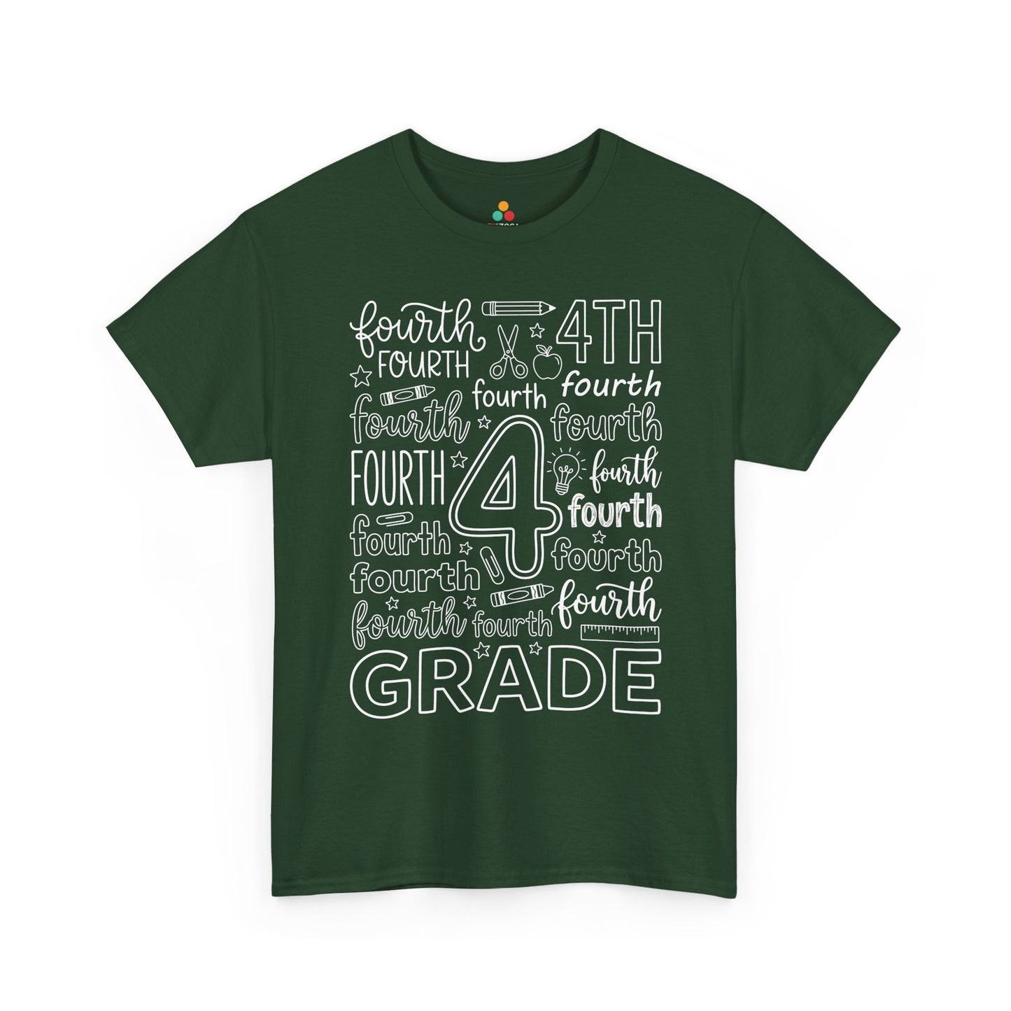 Forest green TEEZOCA fourth grade teacher shirt in bold typography, the kind of teacher tee found on Amazon and Etsy for back to school.
