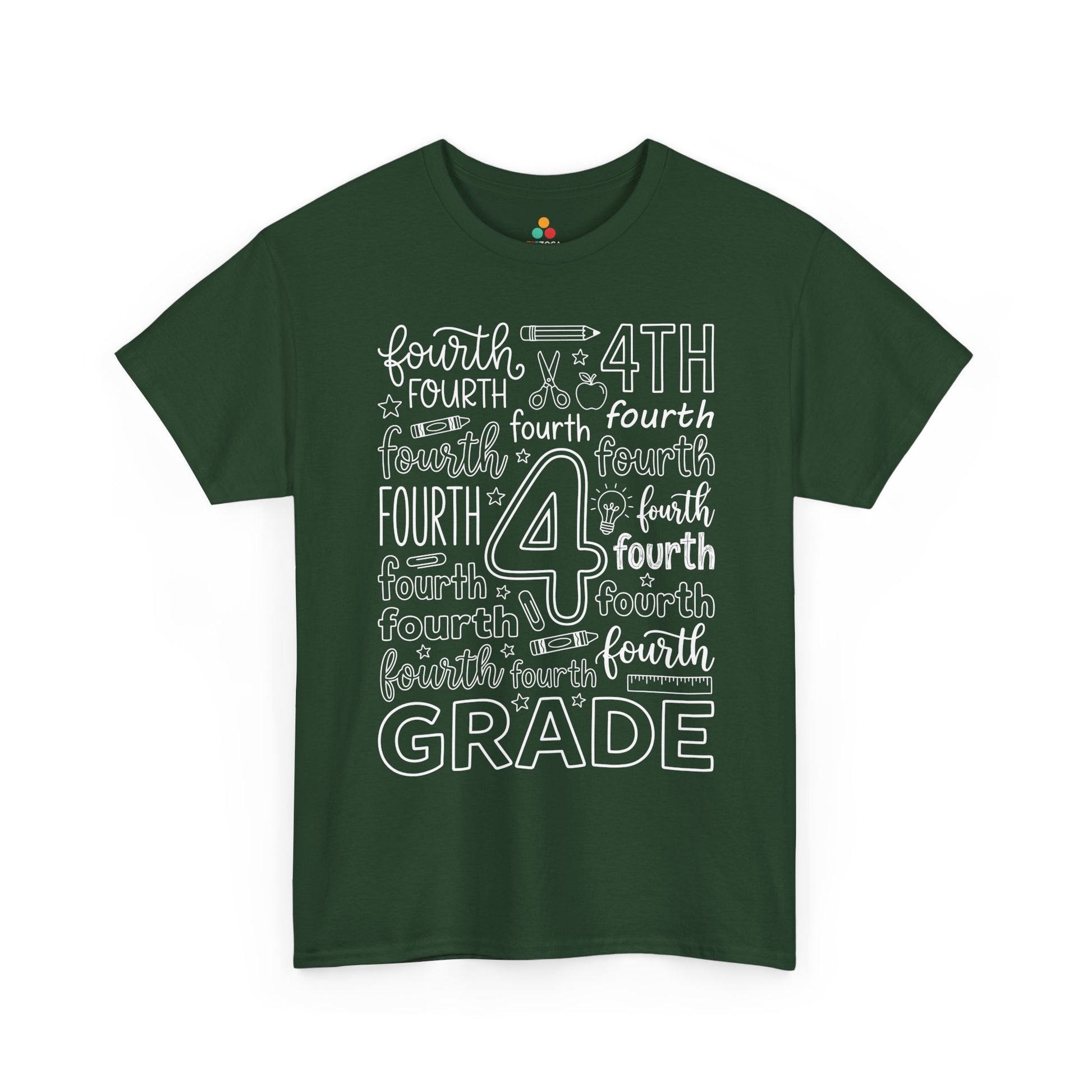 Forest green TEEZOCA fourth grade teacher shirt in bold typography, the kind of teacher tee found on Amazon and Etsy for back to school.
