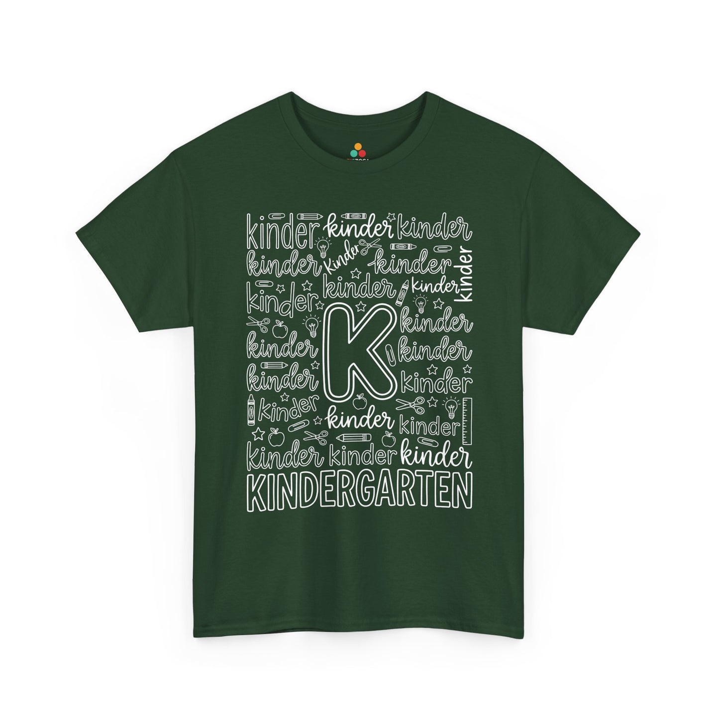 Forest green TEEZOCA kindergarten teacher shirt in bold typography, the kind of teacher tee found on Amazon and Etsy for back to school.
