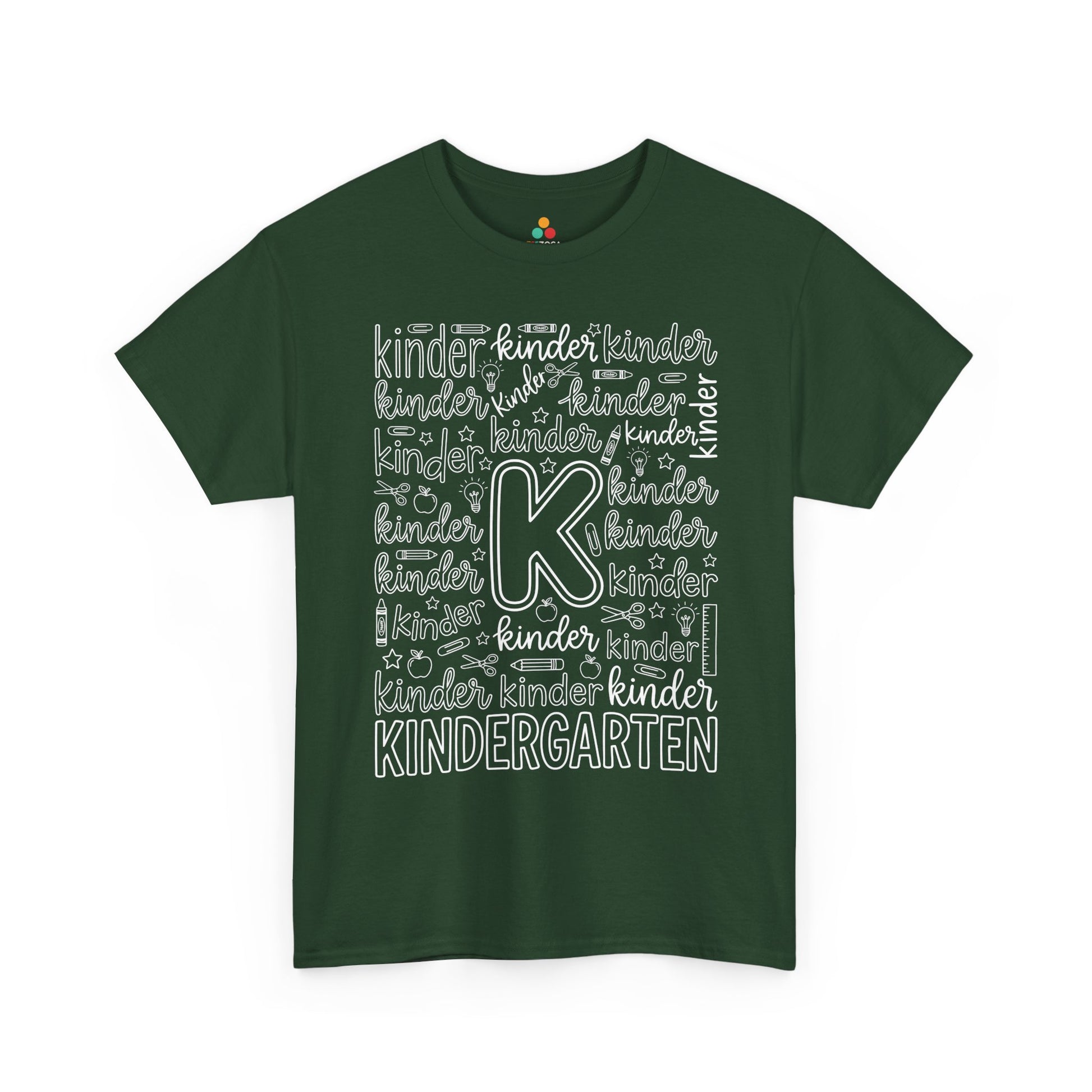 Forest green TEEZOCA kindergarten teacher shirt in bold typography, the kind of teacher tee found on Amazon and Etsy for back to school.
