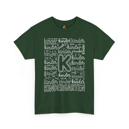 Forest green TEEZOCA kindergarten teacher shirt in bold typography, the kind of teacher tee found on Amazon and Etsy for back to school.
