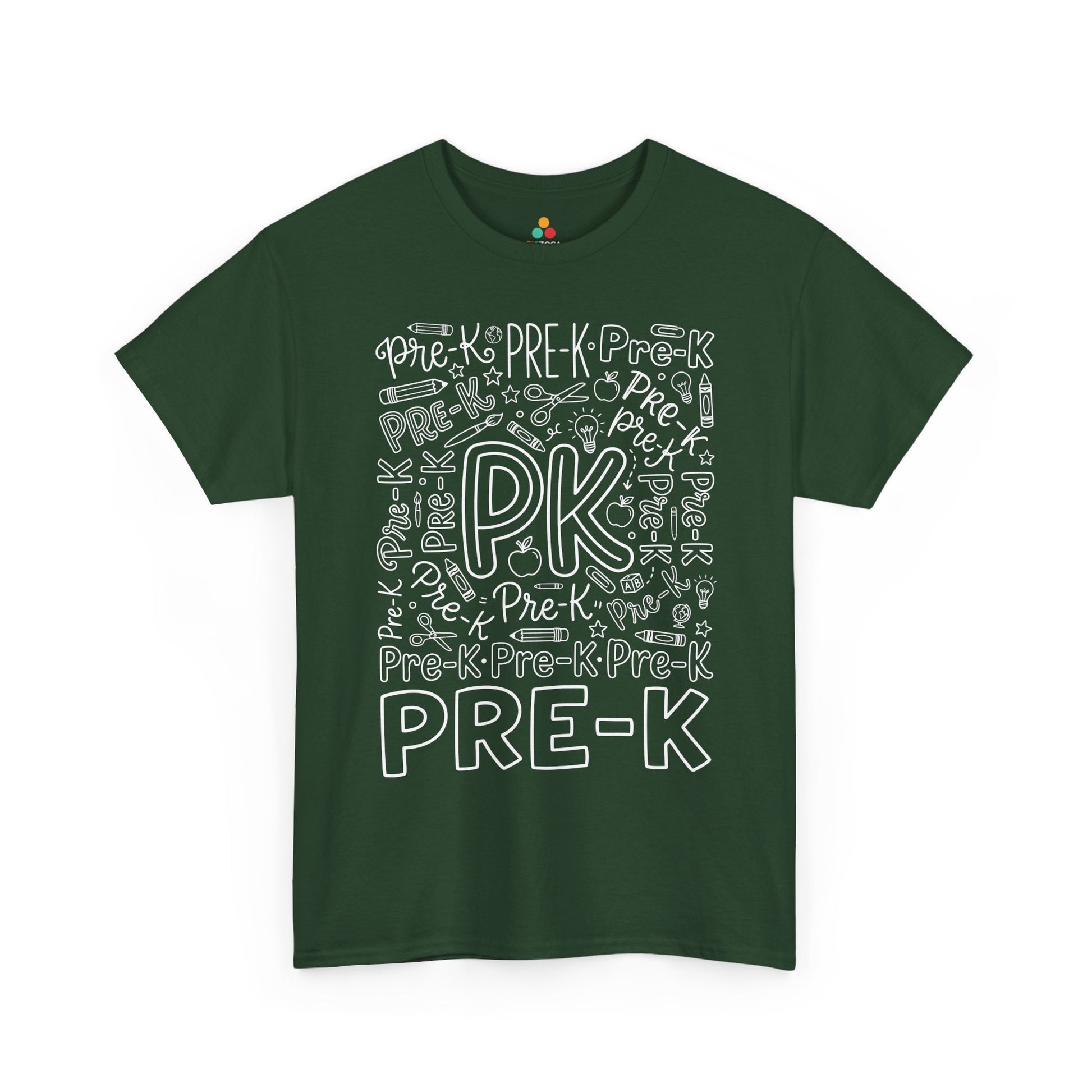 Forest green TEEZOCA pre-k teacher shirt in bold typography, the kind of teacher tee found on Amazon and Etsy for back to school.
