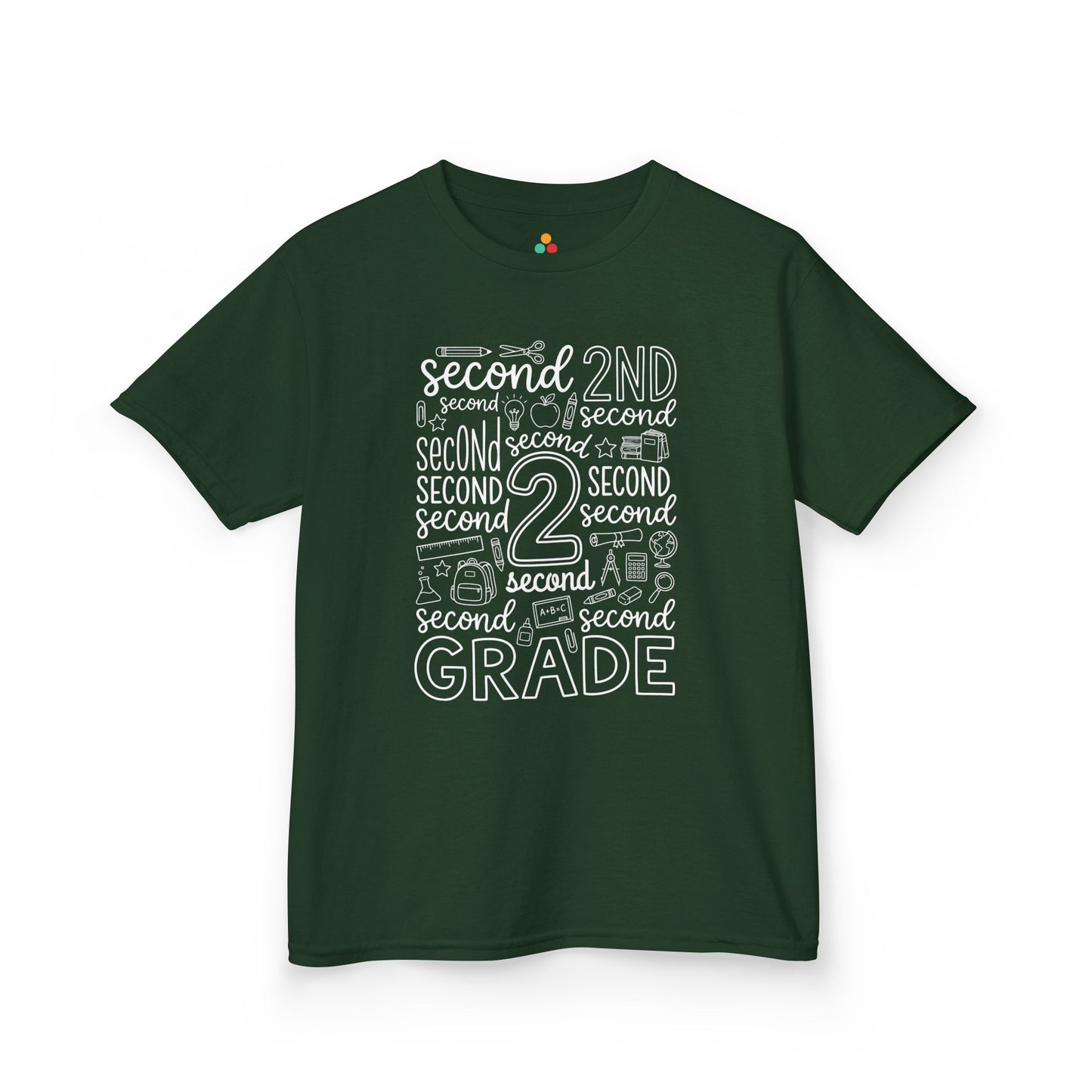 Forest green TEEZOCA second grade kids shirt, the kind of typography back to school tee parents find on Amazon and Etsy.
