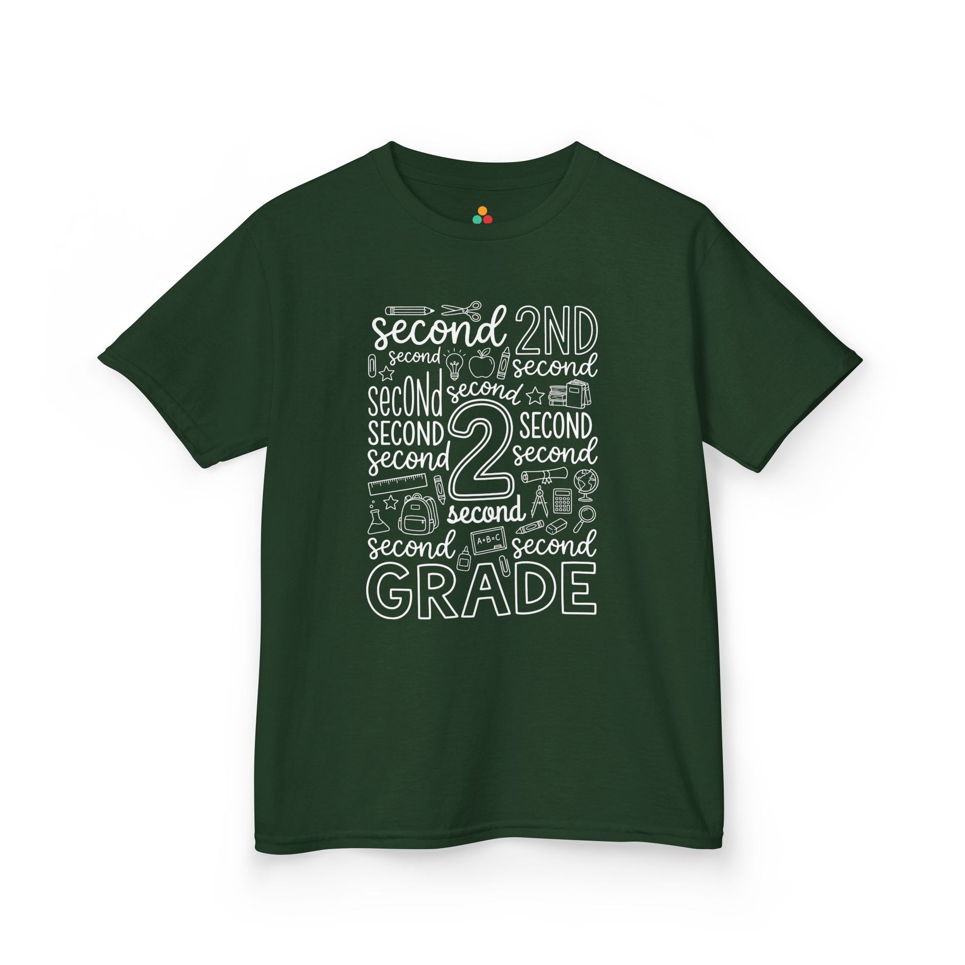 Forest green TEEZOCA second grade kids shirt, the kind of typography back to school tee parents find on Amazon and Etsy.
