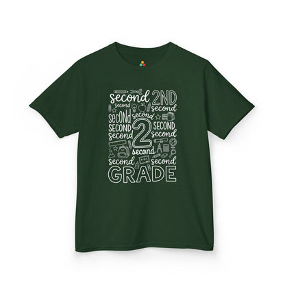 Forest green TEEZOCA second grade kids shirt, the kind of typography back to school tee parents find on Amazon and Etsy.
