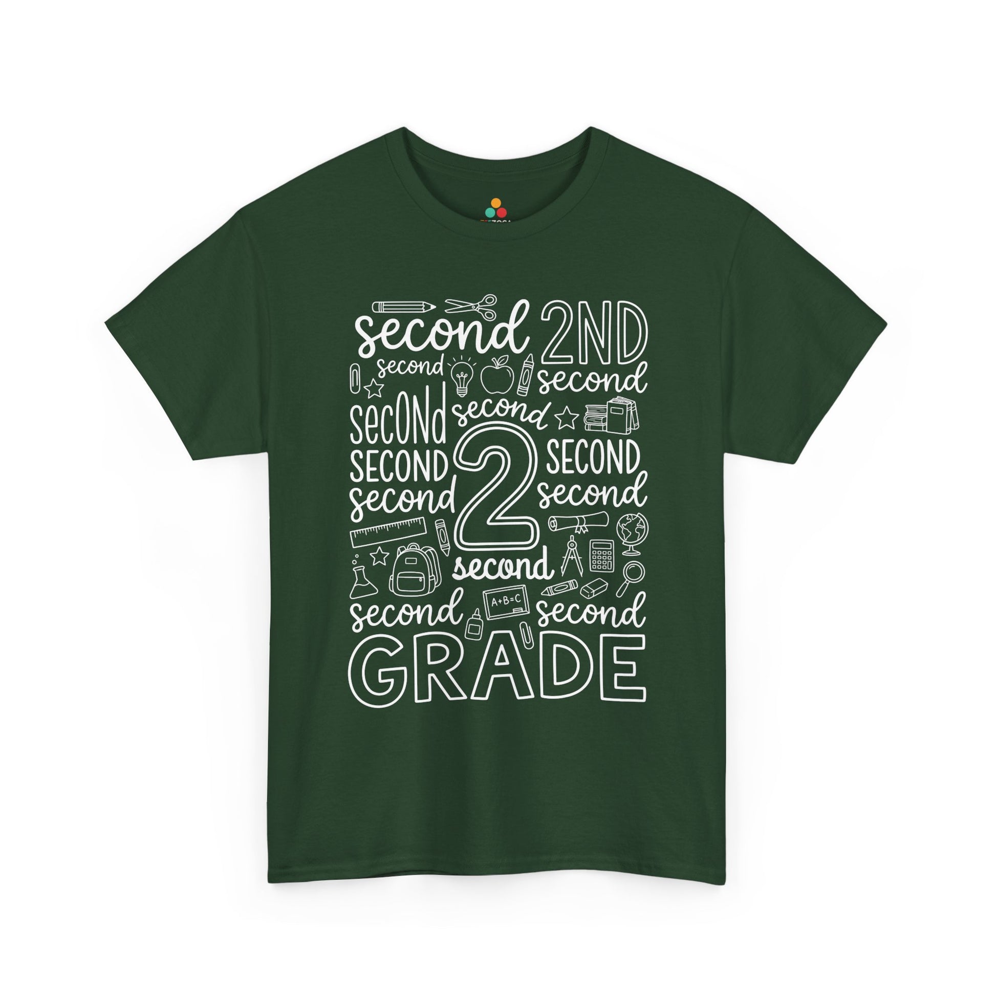 Forest green TEEZOCA second grade teacher shirt in bold typography, the kind of teacher tee found on Amazon and Etsy for back to school.
