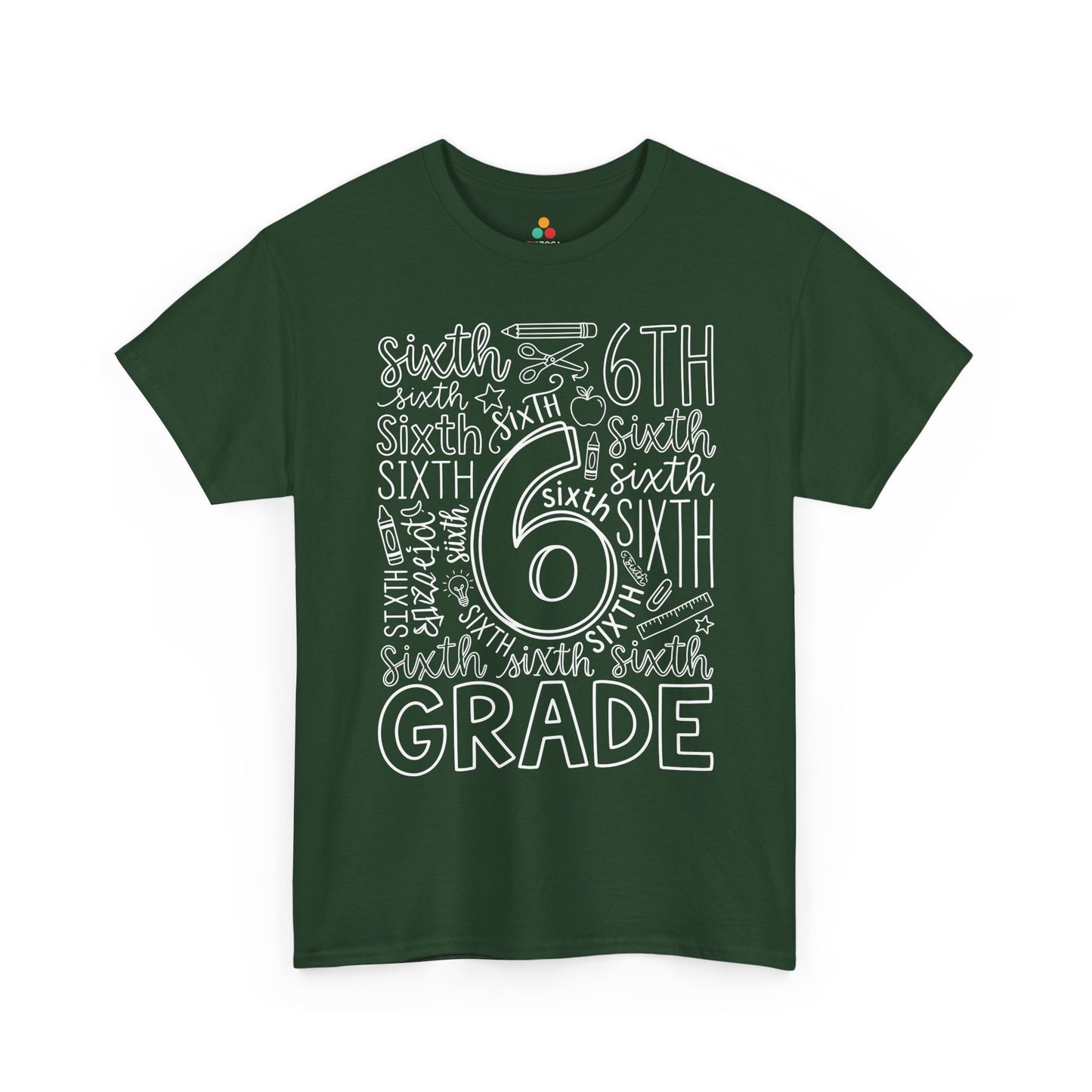 Forest green TEEZOCA sixth grade teacher shirt in bold typography, the kind of teacher tee found on Amazon and Etsy for back to school.
