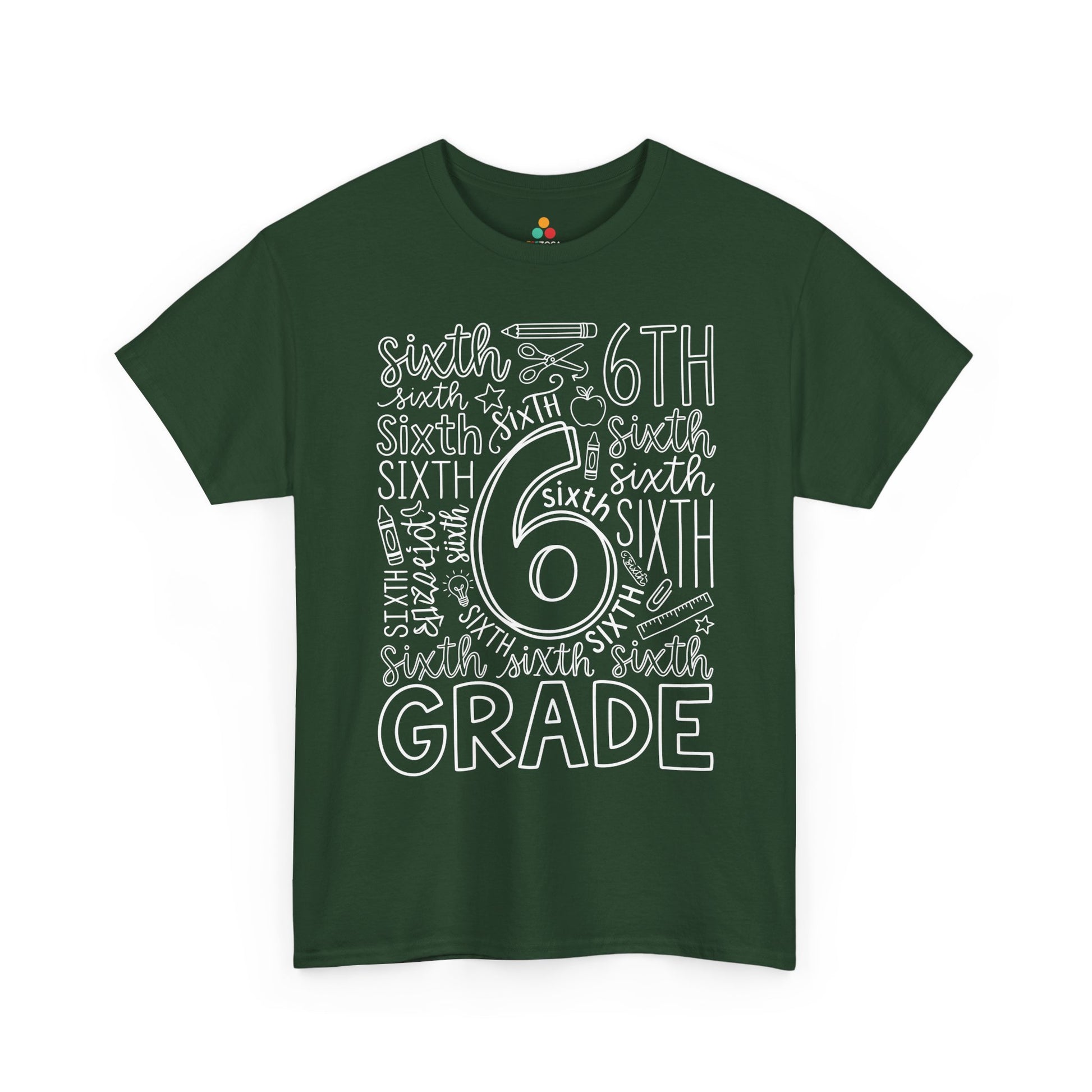 Forest green TEEZOCA sixth grade teacher shirt in bold typography, the kind of teacher tee found on Amazon and Etsy for back to school.
