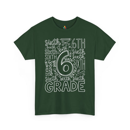 Forest green TEEZOCA sixth grade teacher shirt in bold typography, the kind of teacher tee found on Amazon and Etsy for back to school.
