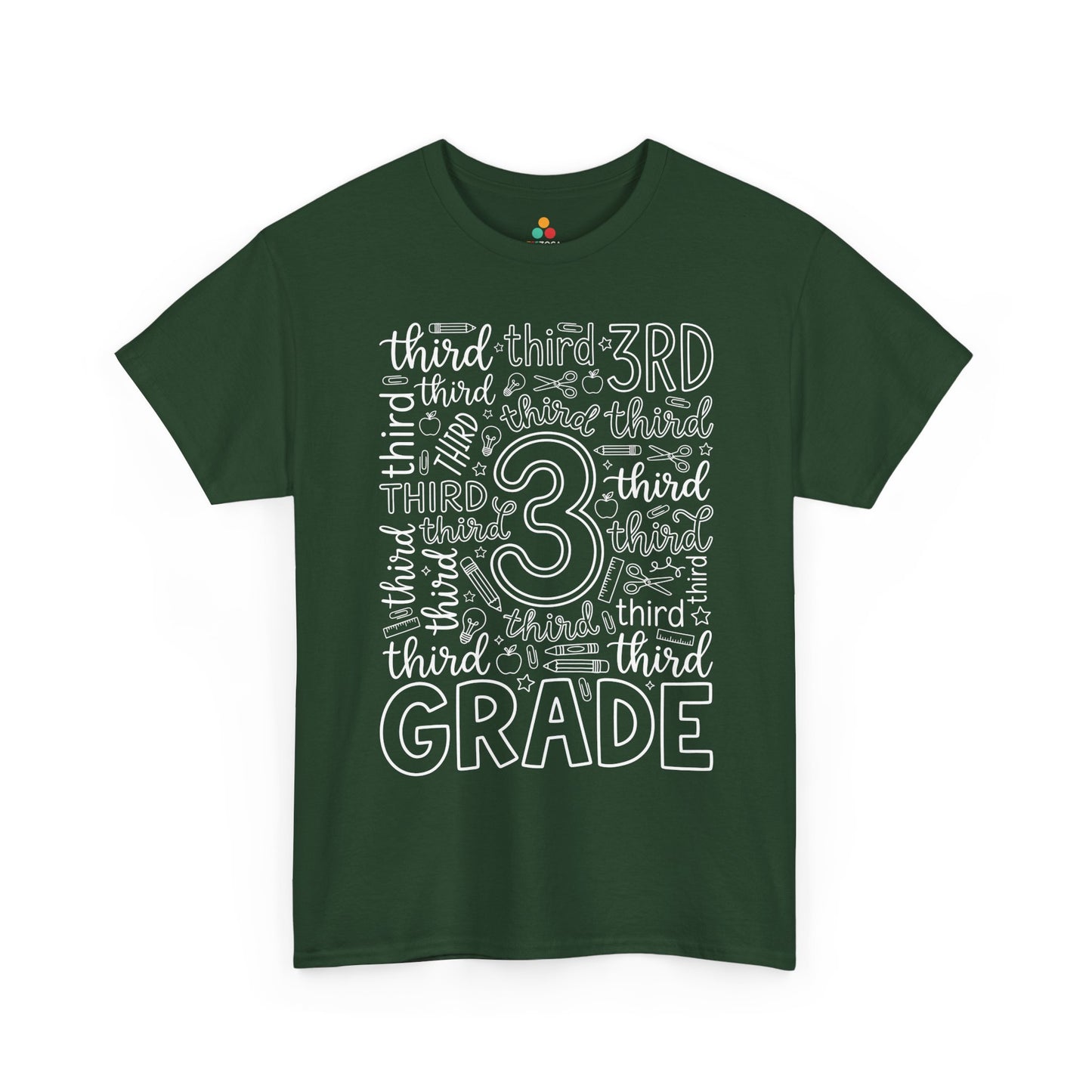 Forest green TEEZOCA third grade teacher shirt in bold typography, the kind of teacher tee found on Amazon and Etsy for back to school.
