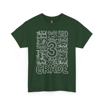 Forest green TEEZOCA third grade teacher shirt in bold typography, the kind of teacher tee found on Amazon and Etsy for back to school.
