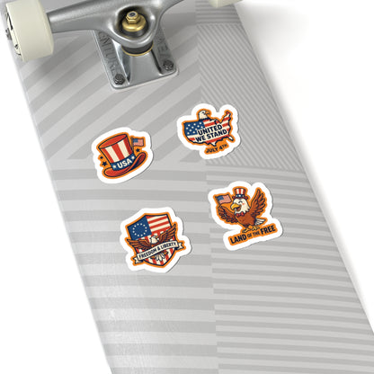 Four unique TEEZOCA vinyl cartoon patriotic stickers decorating the surface of a light grey striped skateboard.