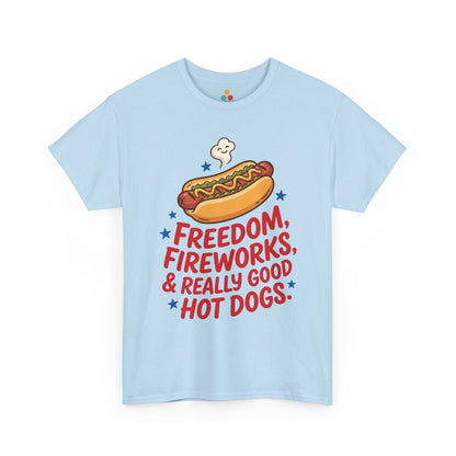 Freedom Fireworks Hot Dogs light blue T-Shirt – Funny Patriotic Gift for Men and Women | TEEZOCA 