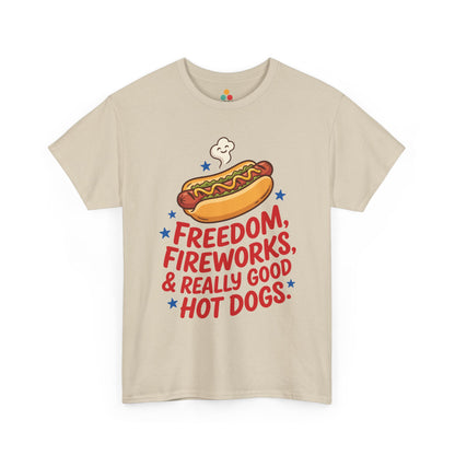 Freedom Fireworks Hot Dogs oatmeal beige T-Shirt – Funny Patriotic Gift for Men and Women | TEEZOCA 