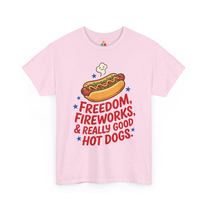 Freedom Fireworks Hot Dogs soft pink T-Shirt – Funny Patriotic Gift for Men and Women | TEEZOCA 
