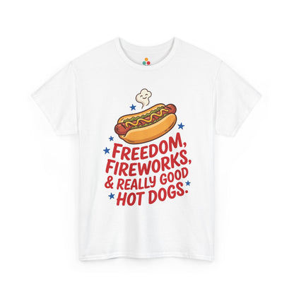 Freedom Fireworks Hot Dogs white T-Shirt – Funny Patriotic Gift for Men and Women | TEEZOCA 