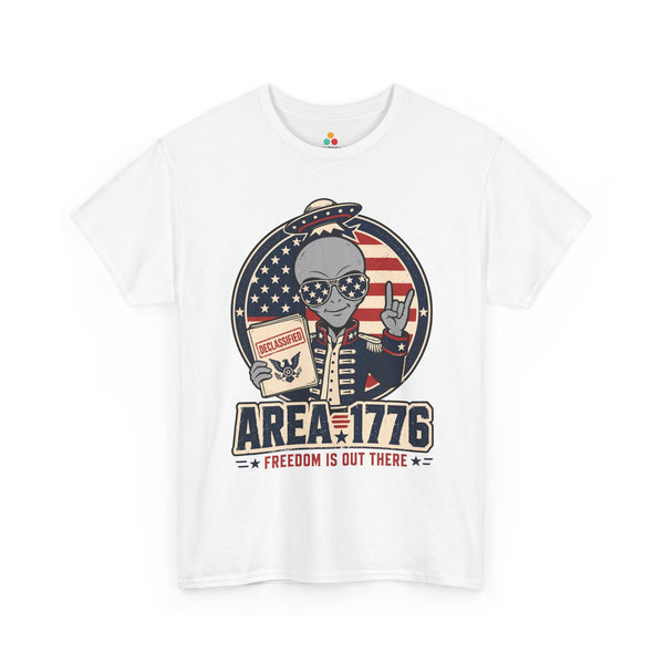 Freedom Shirt by TEEZOCA with Area 1776 alien artwork UFO detail American flag background and funny 4th of July style