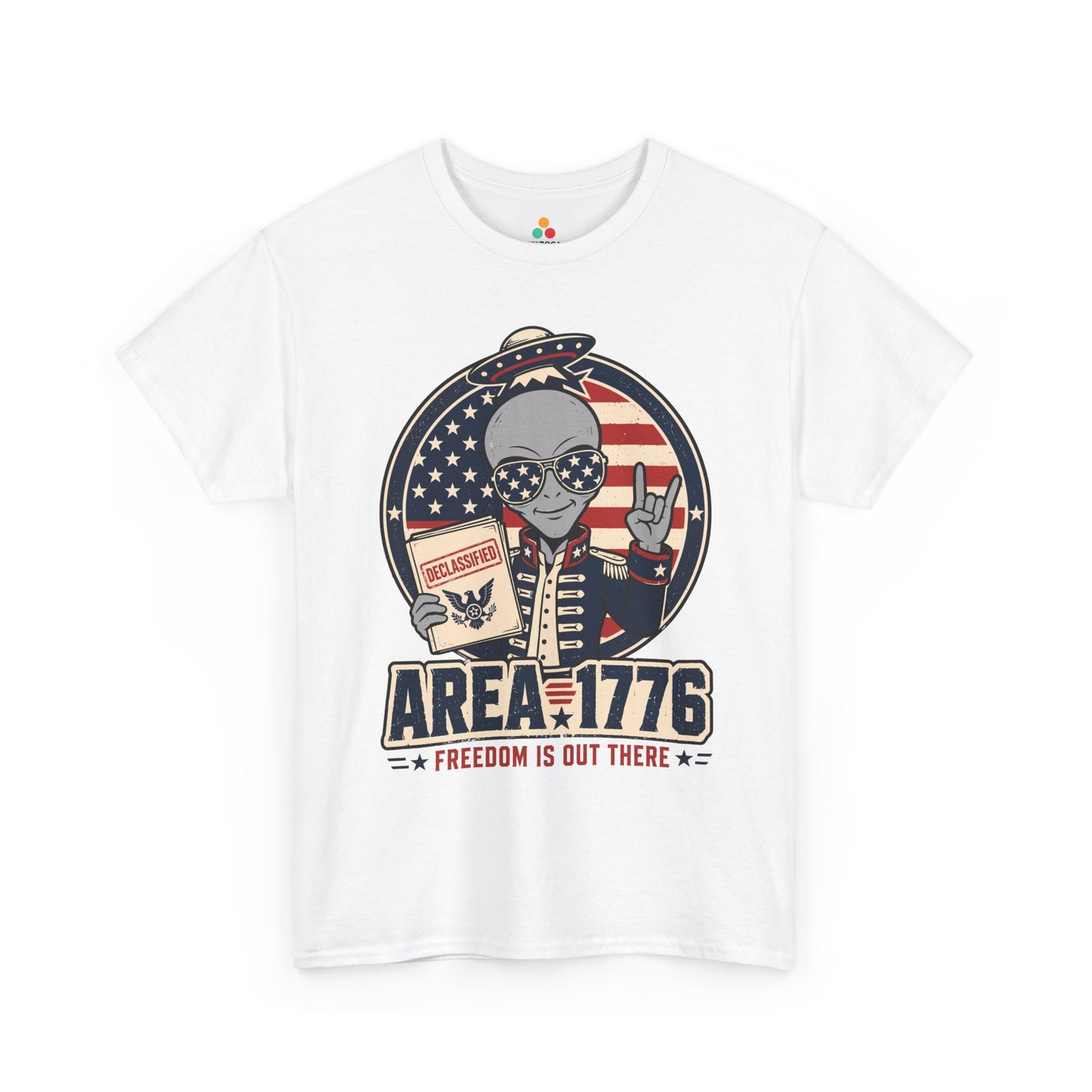 Freedom Shirt by TEEZOCA with Area 1776 alien artwork, UFO detail, American flag background, and funny 4th of July style.

