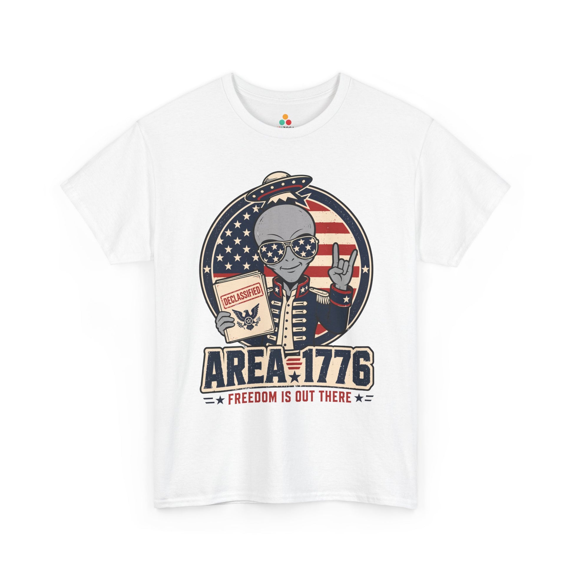 Freedom Shirt by TEEZOCA with Area 1776 alien artwork, UFO detail, American flag background, and funny 4th of July style.
