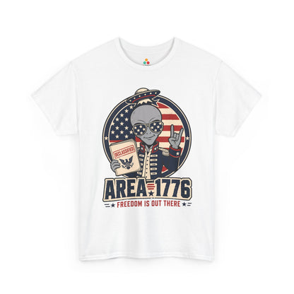 Freedom Shirt by TEEZOCA with Area 1776 alien artwork, UFO detail, American flag background, and funny 4th of July style.

