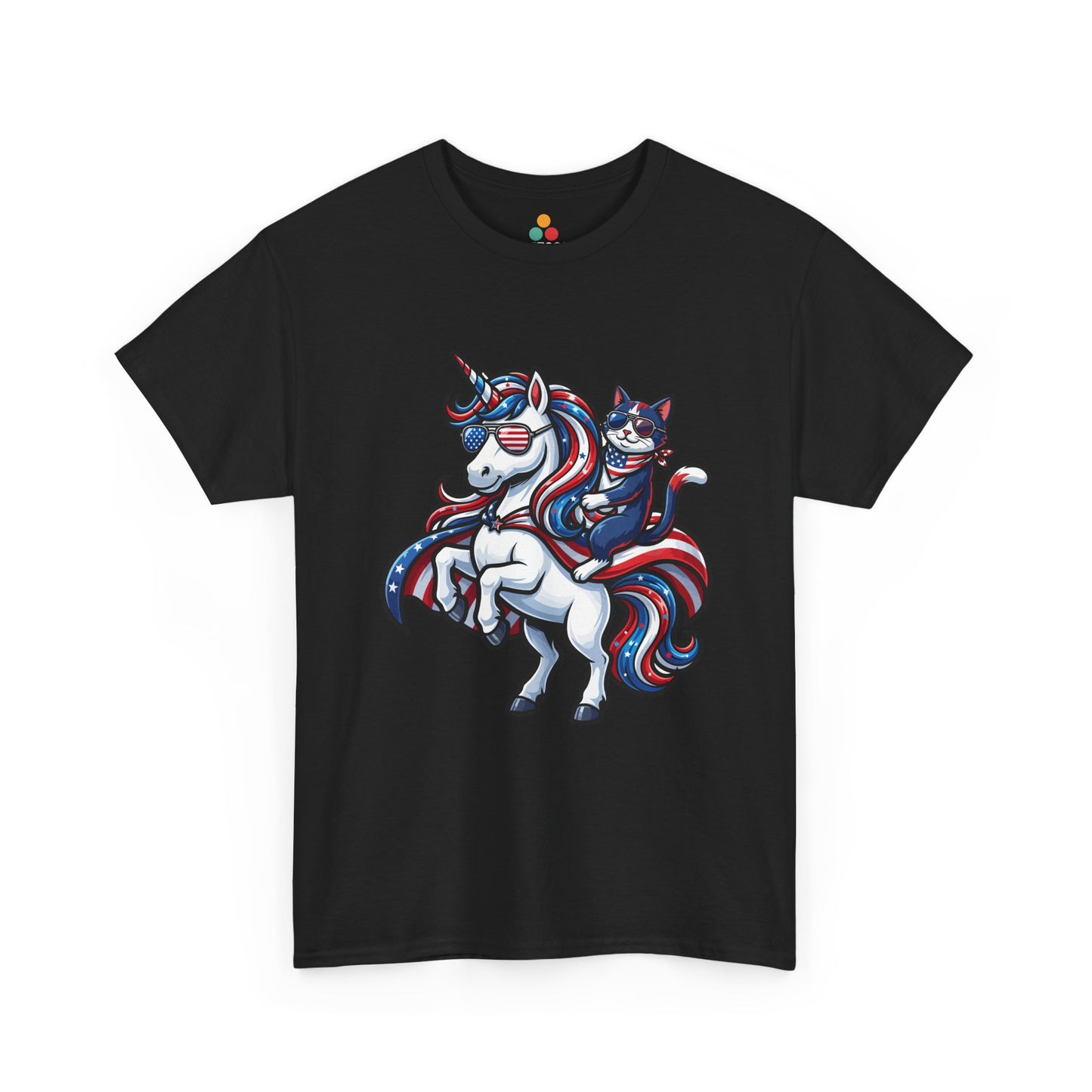 Front view of TEEZOCA Black  T-shirt with a patriotic unicorn and cat riding design in red, white, and blue with American flag sunglasses.