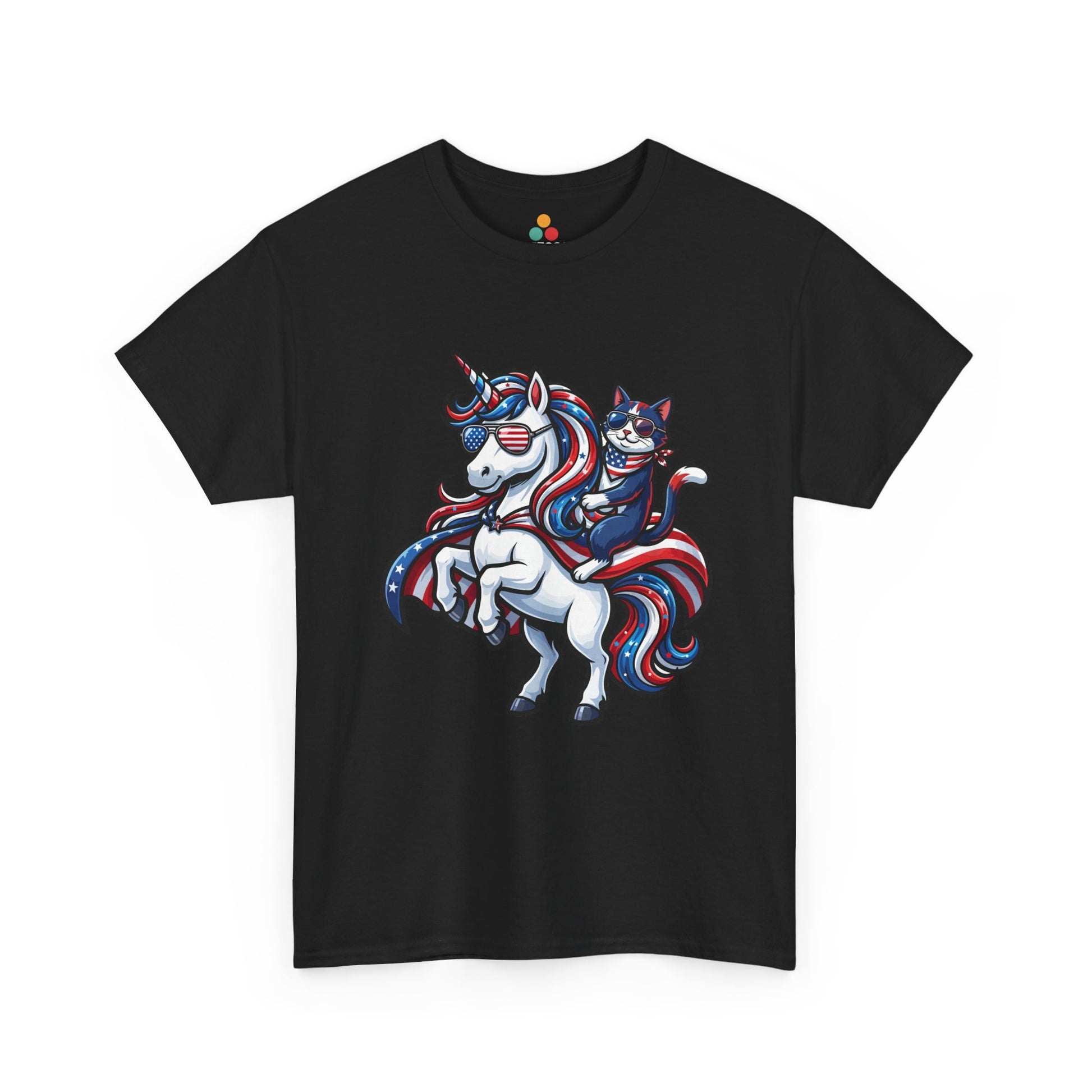 Front view of TEEZOCA Black  T-shirt with a patriotic unicorn and cat riding design in red, white, and blue with American flag sunglasses.