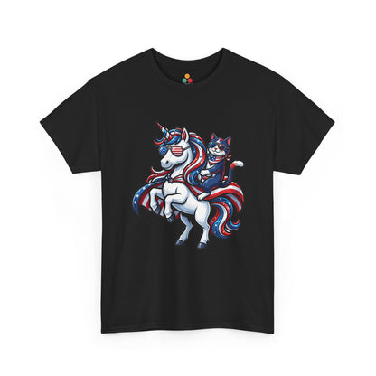Front view of TEEZOCA Black  T-shirt with a patriotic unicorn and cat riding design in red, white, and blue with American flag sunglasses.