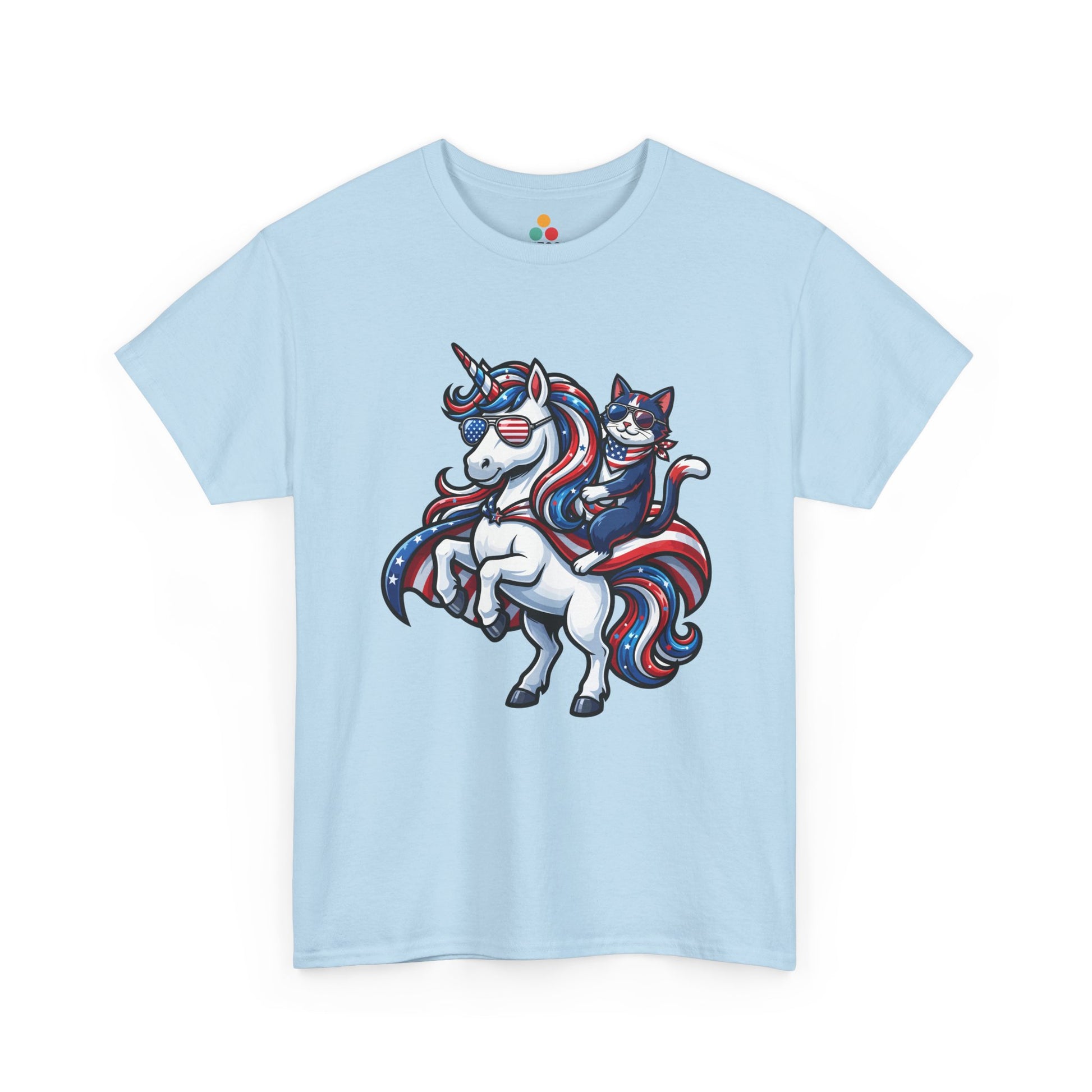 Front view of TEEZOCA Light Blue  T-shirt with a patriotic unicorn and cat riding design in red, white, and blue with American flag sunglasses.