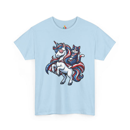 Front view of TEEZOCA Light Blue  T-shirt with a patriotic unicorn and cat riding design in red, white, and blue with American flag sunglasses.