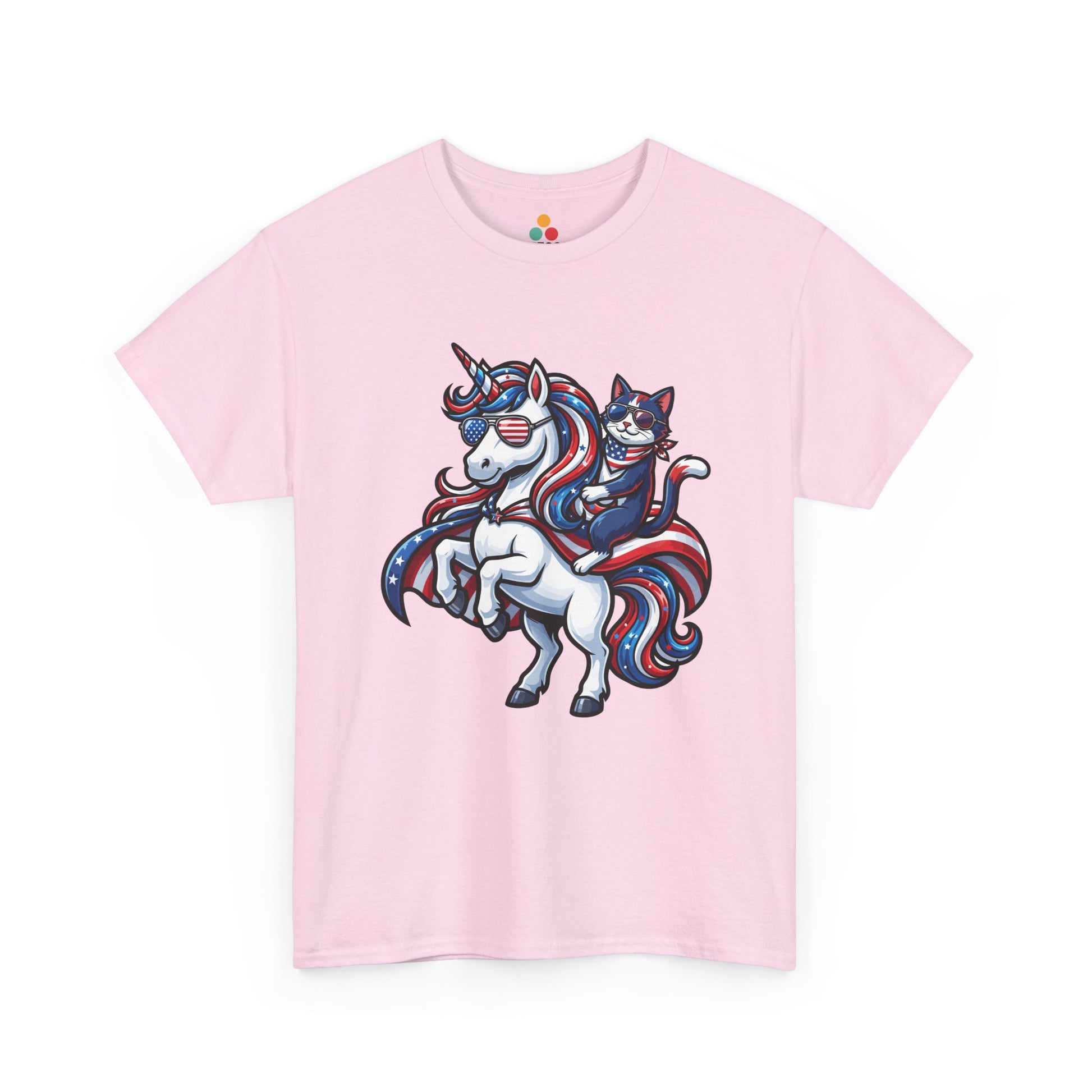 Front view of TEEZOCA Light Pink  T-shirt with a patriotic unicorn and cat riding design in red, white, and blue with American flag sunglasses.